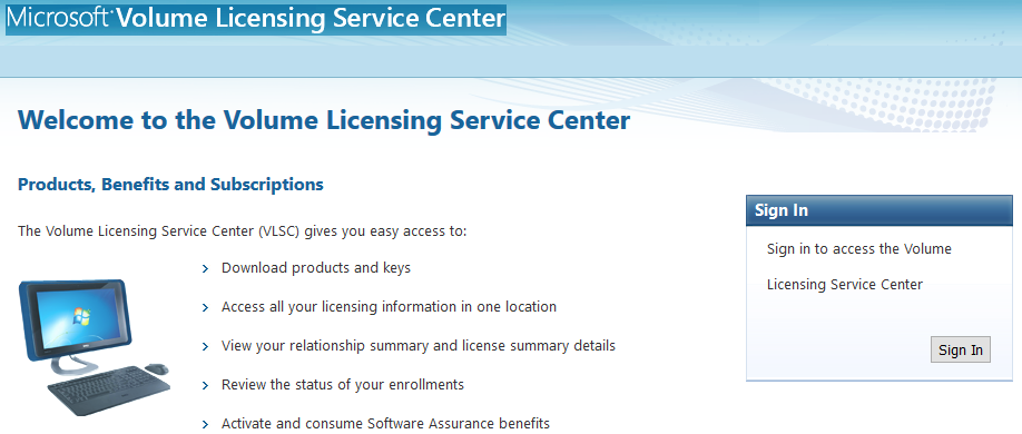 Microsoft Volume Licesning Service Cener sign in